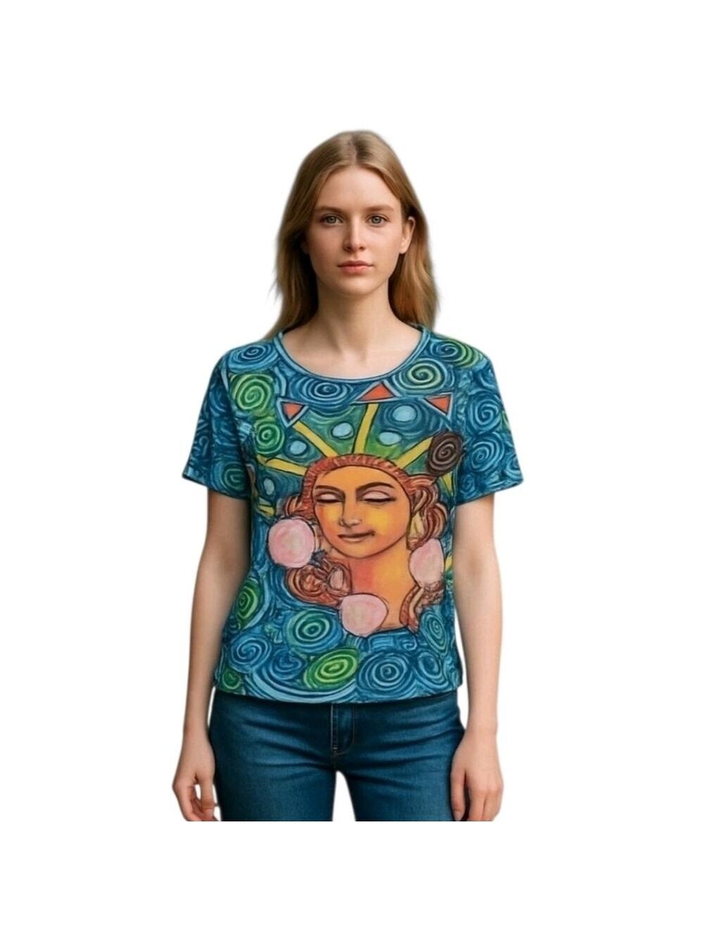 LIFE Style Blue Pullover Crew Neck Short Sleeve Wearable Art T-Shirt Size Small